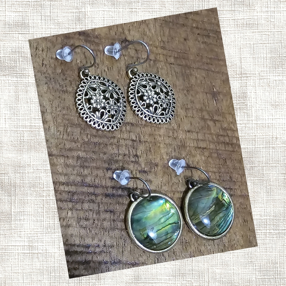 Lucky Brand Antique Gold-Tone Abalone Green Blue Drop Earrings Set of Two
